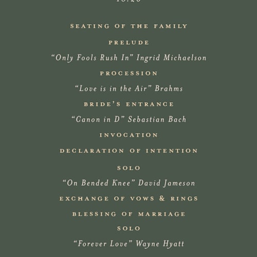 This is a juniper unique wedding programs with foil pressed by chocomocacino called kouignette printing on signature in 4x9