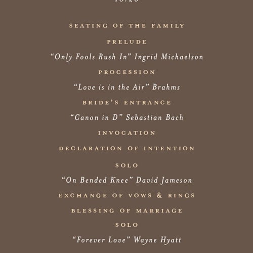 This is a peacan unique wedding programs with foil pressed by chocomocacino called kouignette printing on signature in 4x9