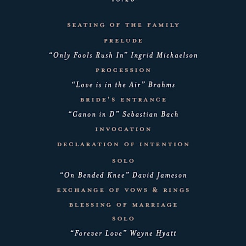 This is a aegean unique wedding programs with foil pressed by chocomocacino called kouignette printing on signature in 4x9