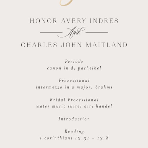 This is a ivory unique wedding programs with foil pressed by Melanie Kosuge called honor printing on signature in standard