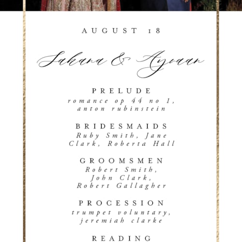 This is a pearl unique wedding programs with foil pressed by Nicole Walsh called gilded frame printing on signature in standard