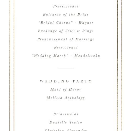 This is a opal unique wedding programs with foil pressed by Robert and Stella called regent printing on signature in standard