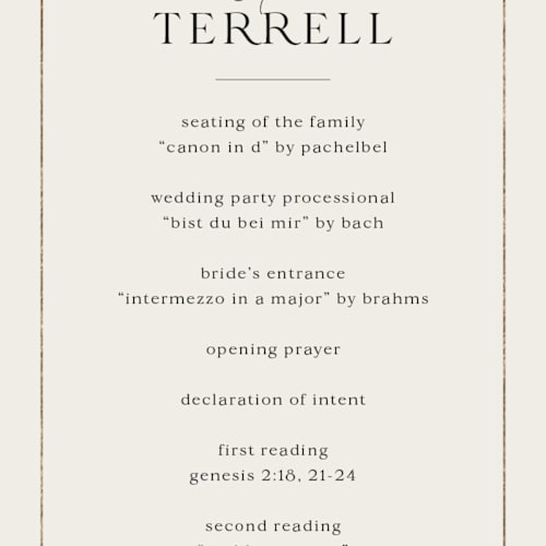 This is a cream unique wedding programs with foil pressed by Jen Owens called baroque printing on signature in standard