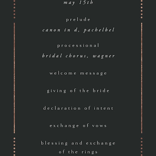 This is a onyx unique wedding programs with foil pressed by Ana de Sousa called gilded nouveau frame printing on signature in standard