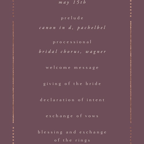 This is a vineyard unique wedding programs with foil pressed by Ana de Sousa called gilded nouveau frame printing on signature in standard
