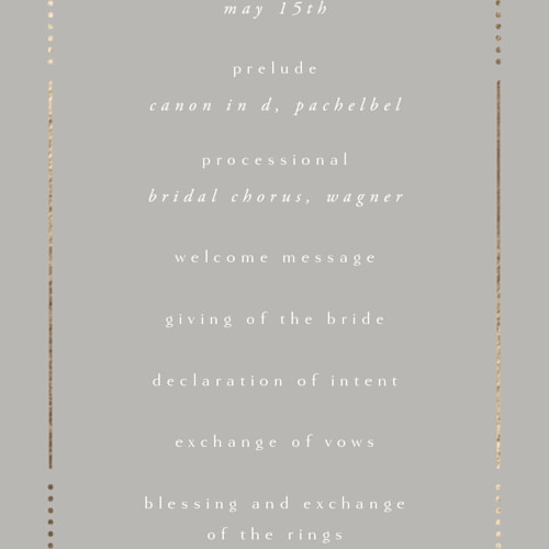 This is a bells unique wedding programs with foil pressed by Ana de Sousa called gilded nouveau frame printing on signature in 4x9