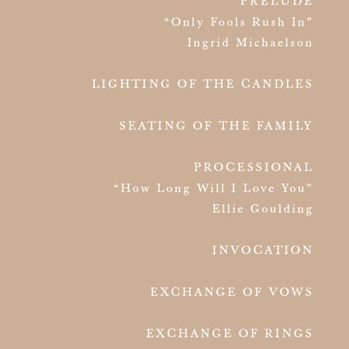 This is a tan unique wedding programs with foil pressed by lulu and isabelle called sunset by the sea printing on signature in standard