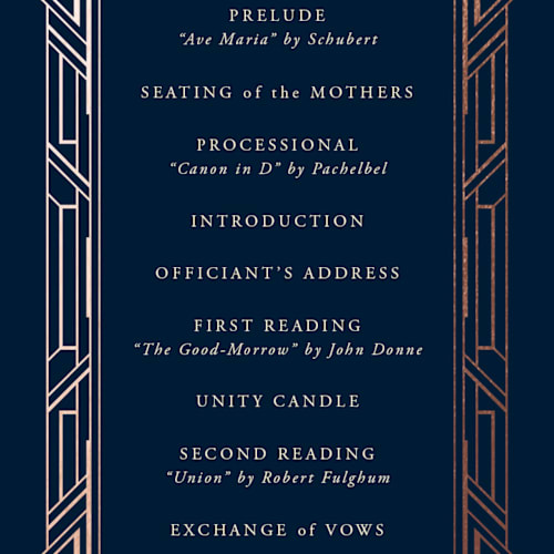 This is a navy unique wedding programs with foil pressed by Hooray Creative called opulent border printing on signature in 4x9