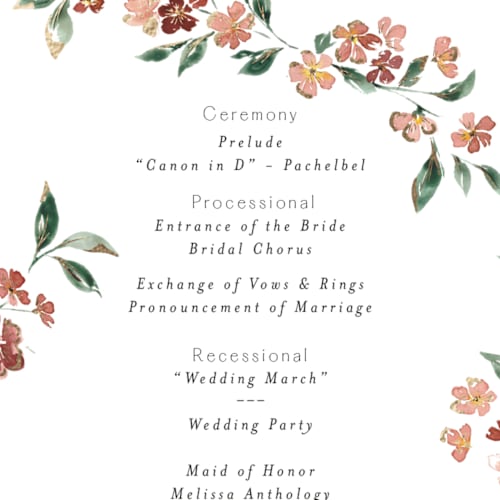 This is a dusty rose unique wedding programs with foil pressed by Itsy Belle Studio called sweeping vine printing on signature in standard