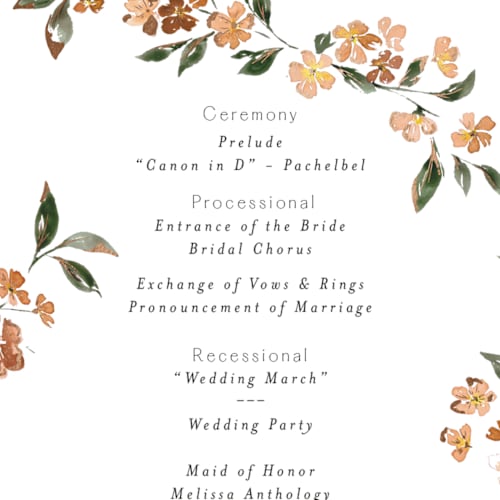 This is a terracotta unique wedding programs with foil pressed by Itsy Belle Studio called sweeping vine printing on signature in standard