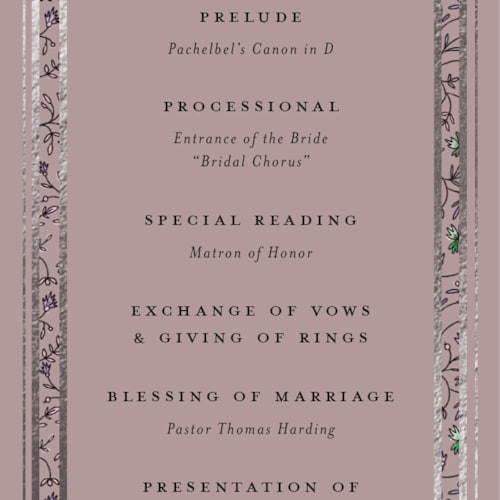 This is a mauve unique wedding programs with foil pressed by Stephanie Hawkes called hansen printing on signature in standard