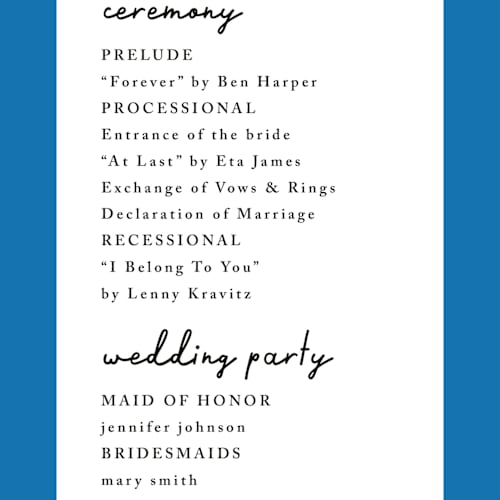 This is a cobalt unique wedding programs with standard by mo kelley called swirl frame printing on signature in standard