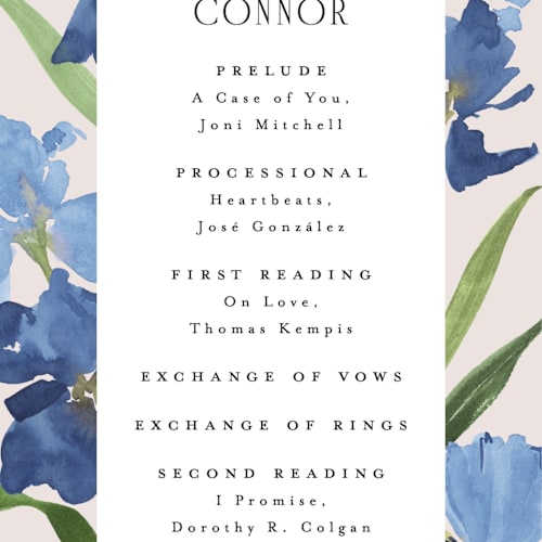 This is a natural unique wedding programs with standard by Everett Paper Goods called irises printing on signature in standard