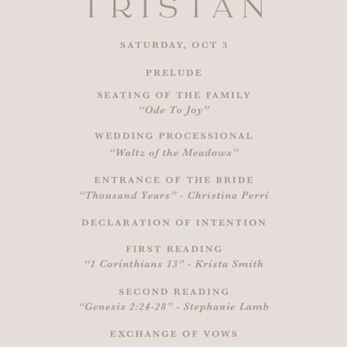 This is a cream unique wedding programs with standard by Kristen Smith called lace trim printing on signature in standard