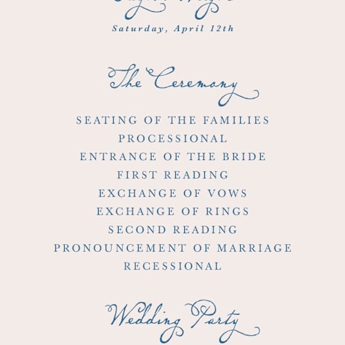 This is a royal unique wedding programs with standard by Cass Loh called swan crest printing on signature in 4x9