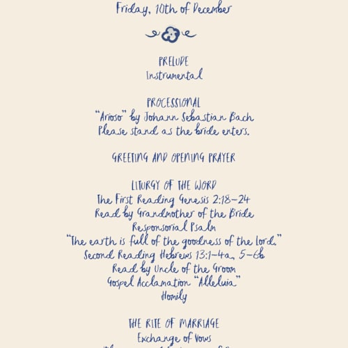This is a marseille blue unique wedding programs with standard by Ani Somi called santa catalina printing on signature in standard