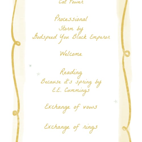 This is a limone unique wedding programs with standard by Pati Cascino called giardino printing on signature in 4x9