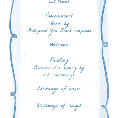 This is a blu unique wedding programs with standard by Pati Cascino called giardino printing on signature in 4x9