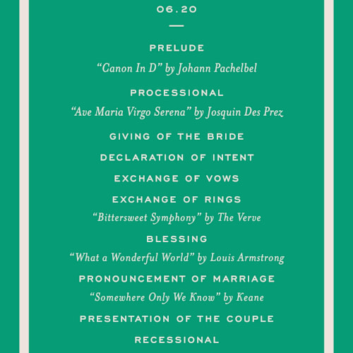 This is a lawn unique wedding programs with standard by Megan Davis called racquet printing on signature in 4x9