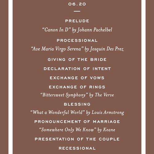 This is a cognac unique wedding programs with standard by Megan Davis called racquet printing on signature in 4x9