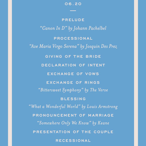 This is a bluebell unique wedding programs with standard by Megan Davis called racquet printing on signature in 4x9