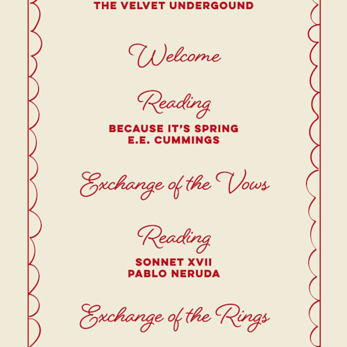 This is a strawberry unique wedding programs with standard by Helena Vitto called crazy little thing called love printing on signature in 4x9