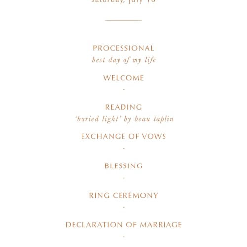 This is a peach unique wedding programs with standard by Pippa Shaw called floral border printing on signature in standard