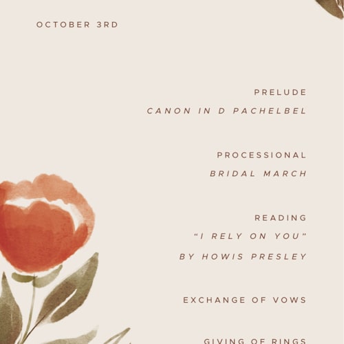 This is a saffron unique wedding programs with standard by Vera Lim called giardino printing on signature in standard