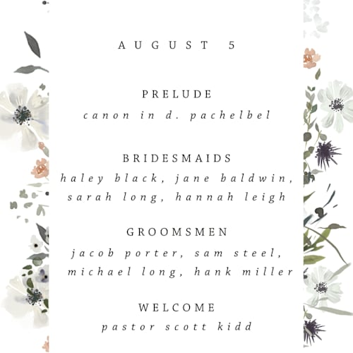 This is a lace unique wedding programs with standard by Hannah Williams called wildflower garden printing on signature in standard