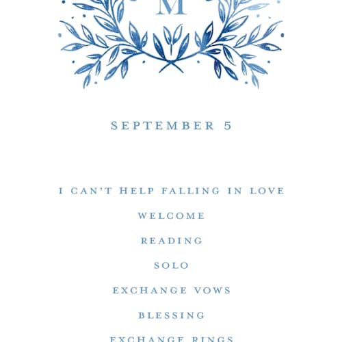 This is a cobalt unique wedding programs with standard by Petra Kern called royal printing on signature in standard
