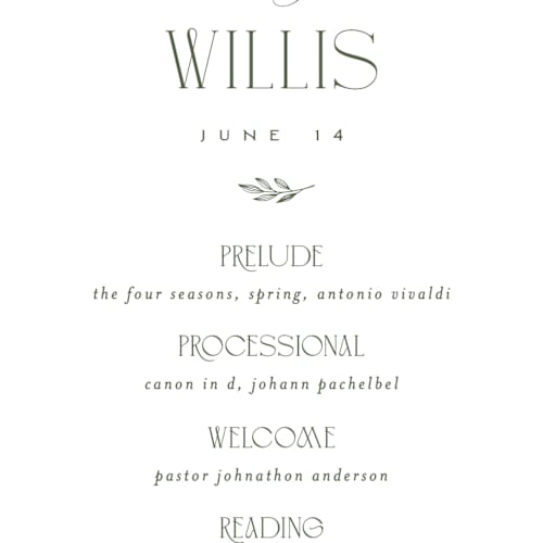 This is a olive unique wedding programs with standard by Erica Krystek called arched monogram printing on signature in 4x9