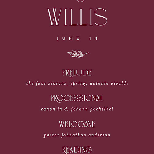 This is a merlot unique wedding programs with standard by Erica Krystek called arched monogram printing on signature in 4x9