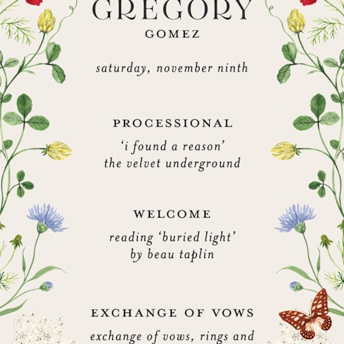 This is a elder flower unique wedding programs with standard by Sarah Knight called wild meadow printing on signature in standard