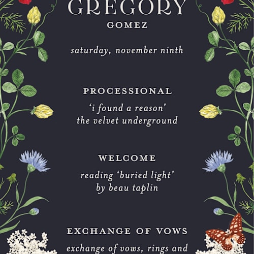 This is a midnight unique wedding programs with standard by Sarah Knight called wild meadow printing on signature in 4x9