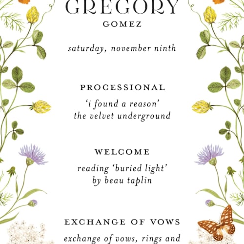 This is a persimmon unique wedding programs with standard by Sarah Knight called wild meadow printing on signature in standard