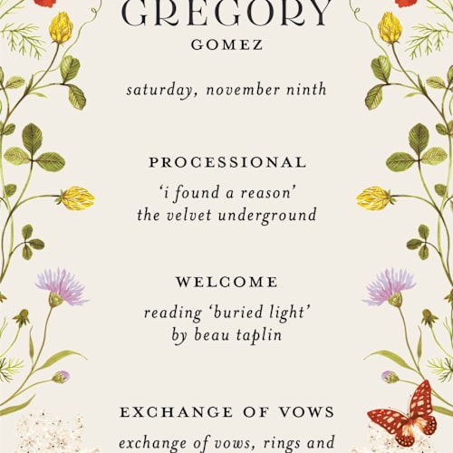 This is a poppy unique wedding programs with standard by Sarah Knight called wild meadow printing on signature in 4x9
