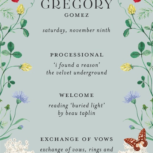 This is a mint unique wedding programs with standard by Sarah Knight called wild meadow printing on signature in 4x9