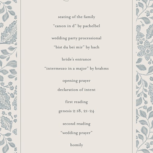 This is a dusty blue unique wedding programs with standard by Jen Owens called embroidered printing on signature in standard