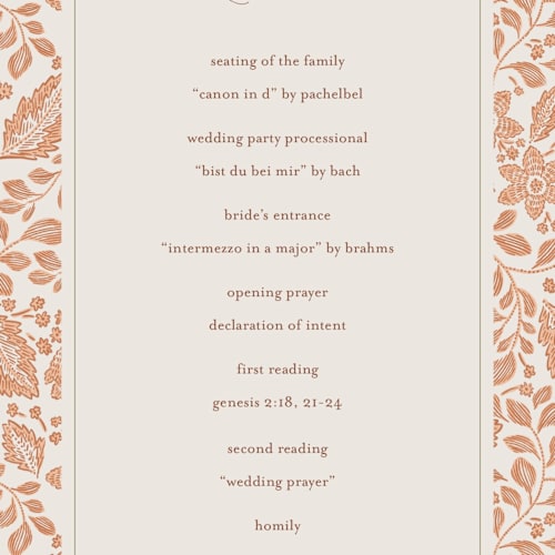 This is a peach fuzz unique wedding programs with standard by Jen Owens called embroidered printing on signature in standard