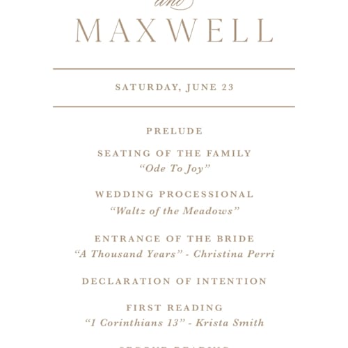 This is a kraft unique wedding programs with standard by Kristen Smith called wild roses printing on signature in 4x9