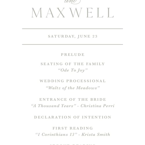 This is a sage unique wedding programs with standard by Kristen Smith called wild roses printing on signature in 4x9