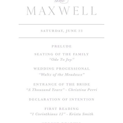 This is a lavender unique wedding programs with standard by Kristen Smith called wild roses printing on signature in standard