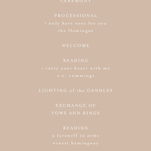 This is a dusty rose unique wedding programs with standard by Kelly Schmidt called ophelia printing on signature in standard