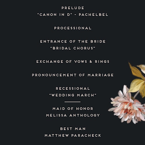 This is a navy unique wedding programs with standard by Olivia Kanaley Inman called dahlia season printing on signature in standard