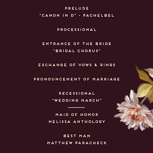 This is a petal unique wedding programs with standard by Olivia Kanaley Inman called dahlia season printing on signature in standard