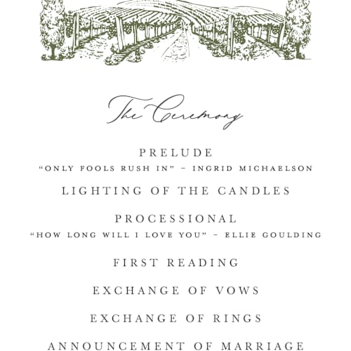 This is a olive unique wedding programs with standard by Sarah Brown called vineyard printing on signature in standard