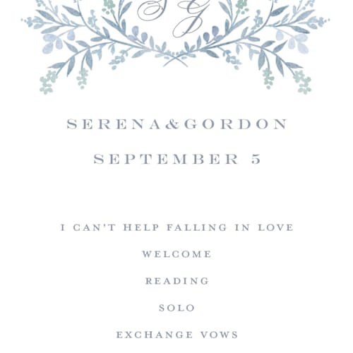 This is a glacier unique wedding programs with standard by Petra Kern called monogrammed printing on signature in 4x9