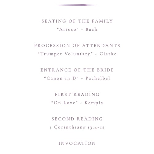 This is a lilac unique wedding programs with standard by Corinne Malesic called bow printing on signature in standard