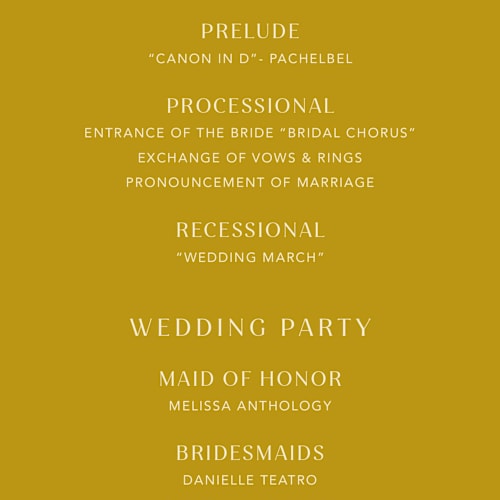 This is a marigold unique wedding programs with standard by Stacey Day called swoop printing on signature in standard