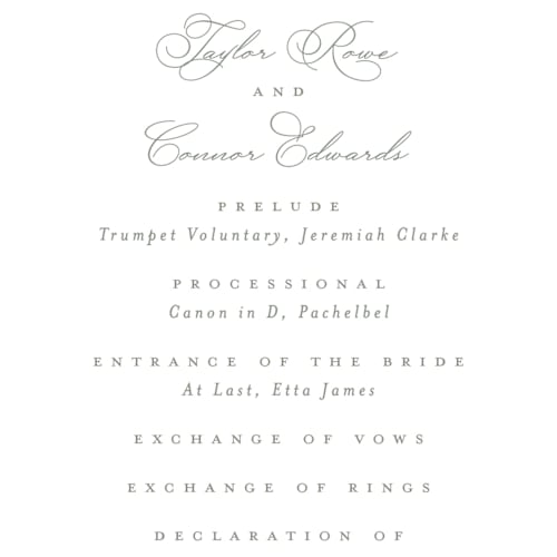 This is a sky unique wedding programs with standard by Everett Paper Goods called foliage crest printing on signature in 4x9